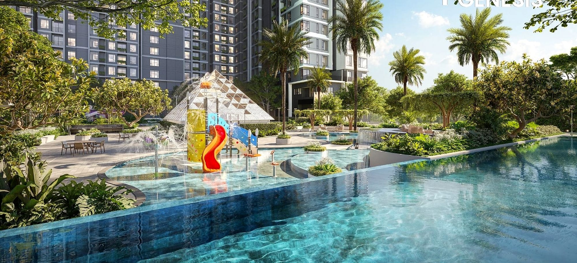 Cầu trượt nước và hồ bơi trẻ em giữa vườn nhiệt đới