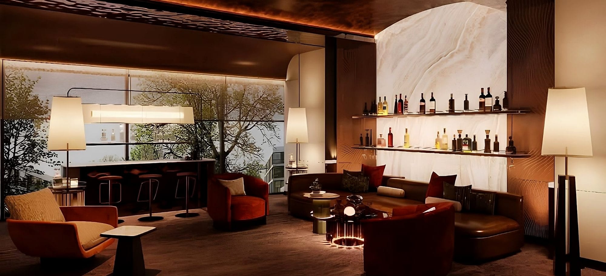 Không gian lounge trong nhà với ánh sáng ấm và quầy bar