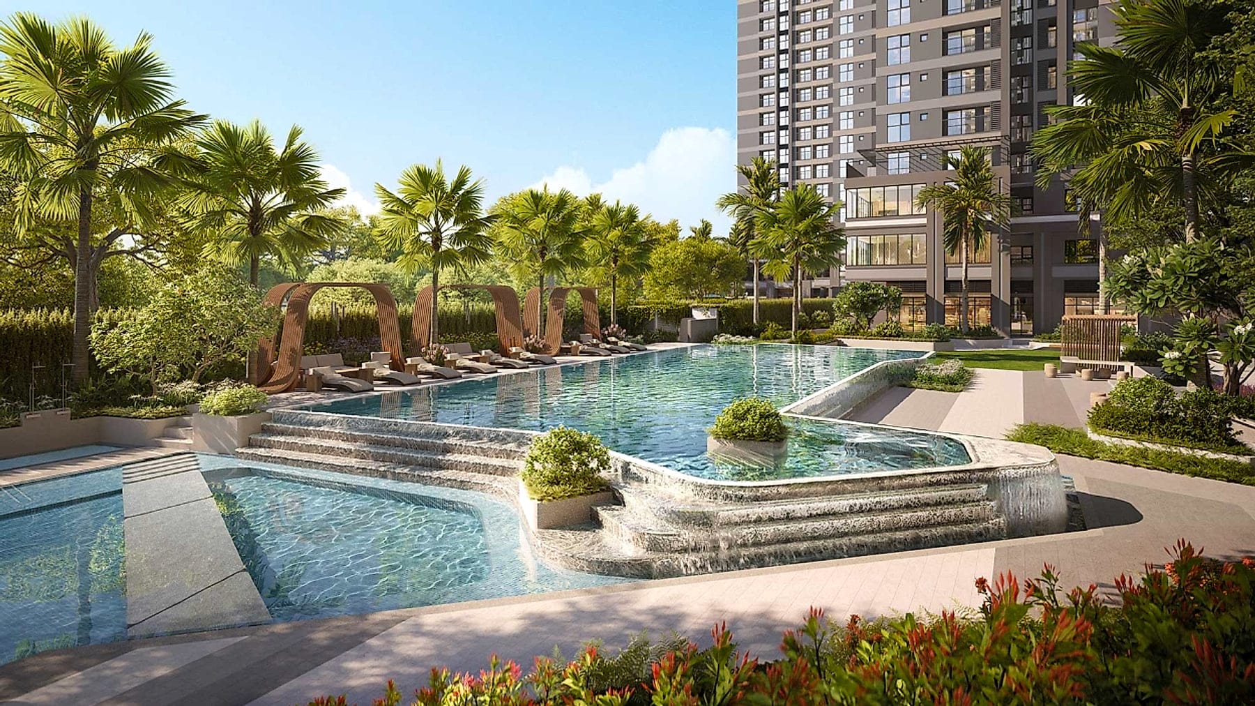 Hồ bơi bậc thang với sundeck và vòm gỗ nghỉ chân trong nội khu