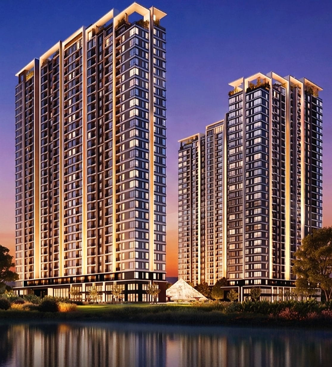 Hai tháp TT Genesis sáng đèn lúc chạng vạng bên bờ sông