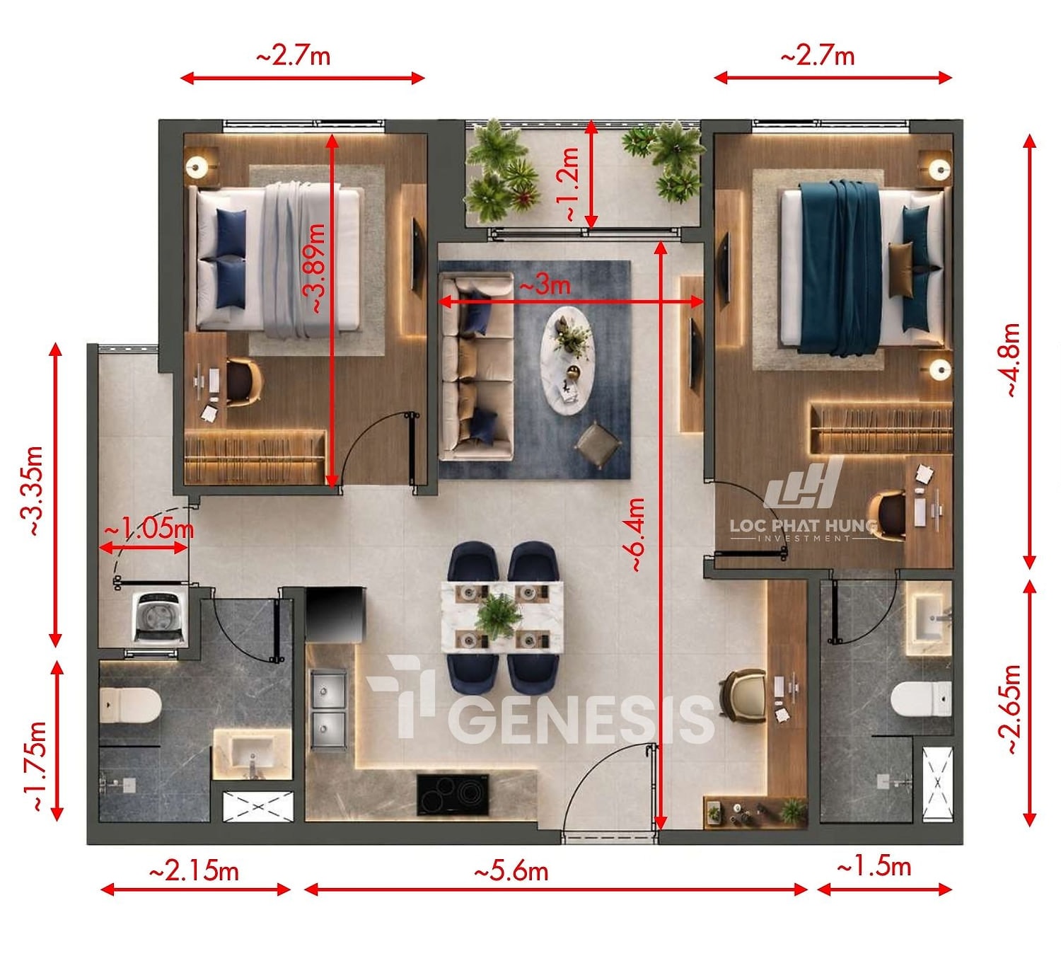 Mặt bằng căn hộ 2 phòng ngủ 2PN+ TT Genesis 73,96 m²