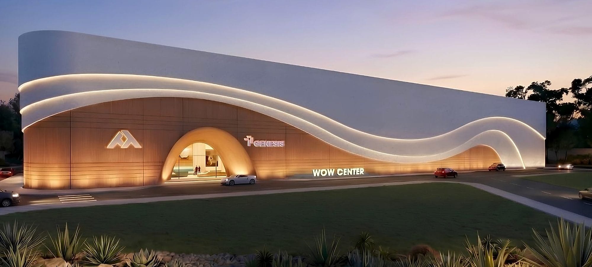 Mặt tiền WOW Center với dải đèn uốn lượn như sóng nước lúc chạng vạng